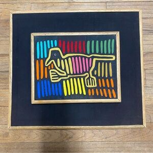 Colorful Bird Framed Textile Wall Decor, Panama Mola, Latin American Art